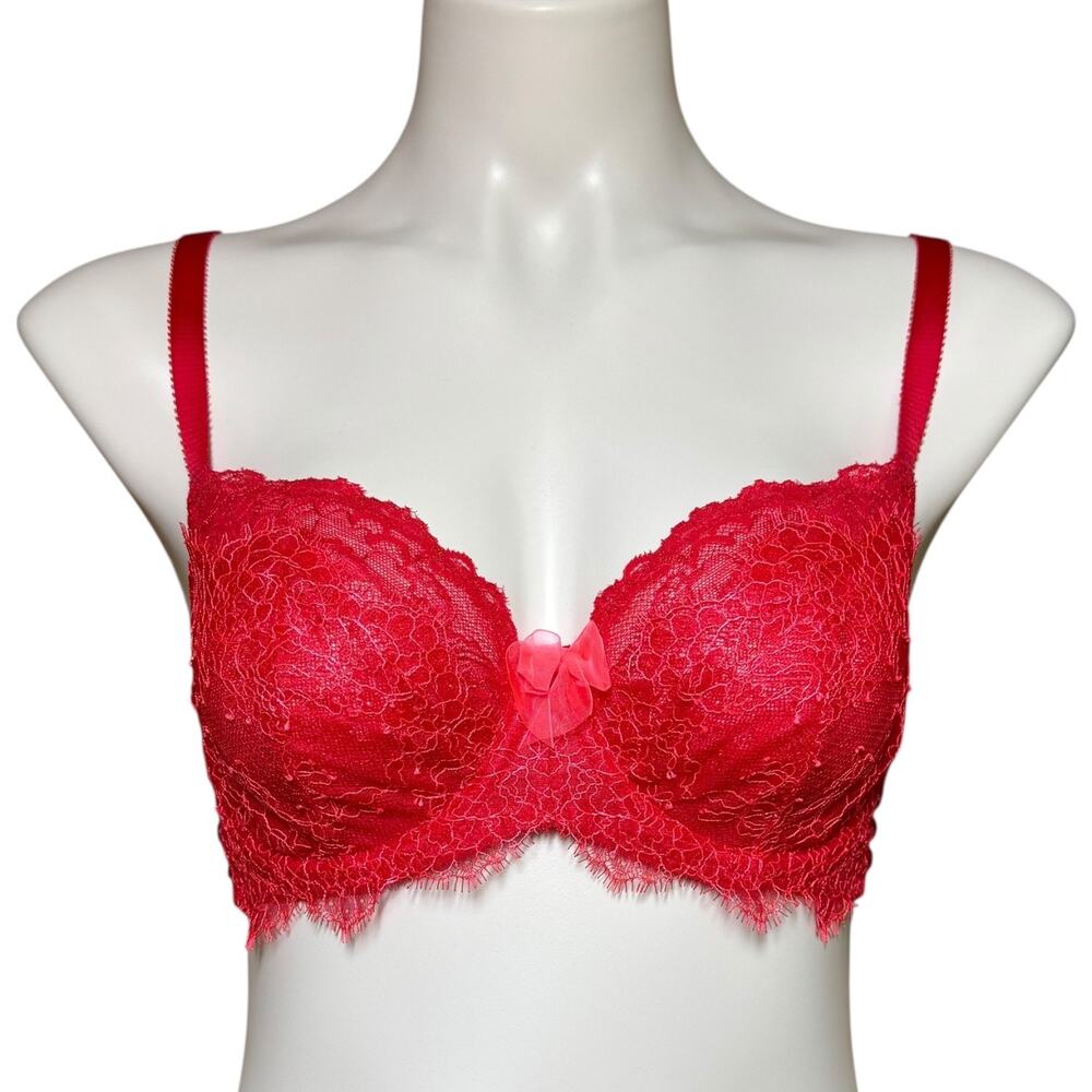 Victoria's Secret Dream Angels Unlined Demi Bra Red Pink Lace 36C